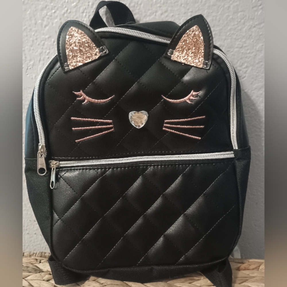 Black Quilted Cat Small Backpack